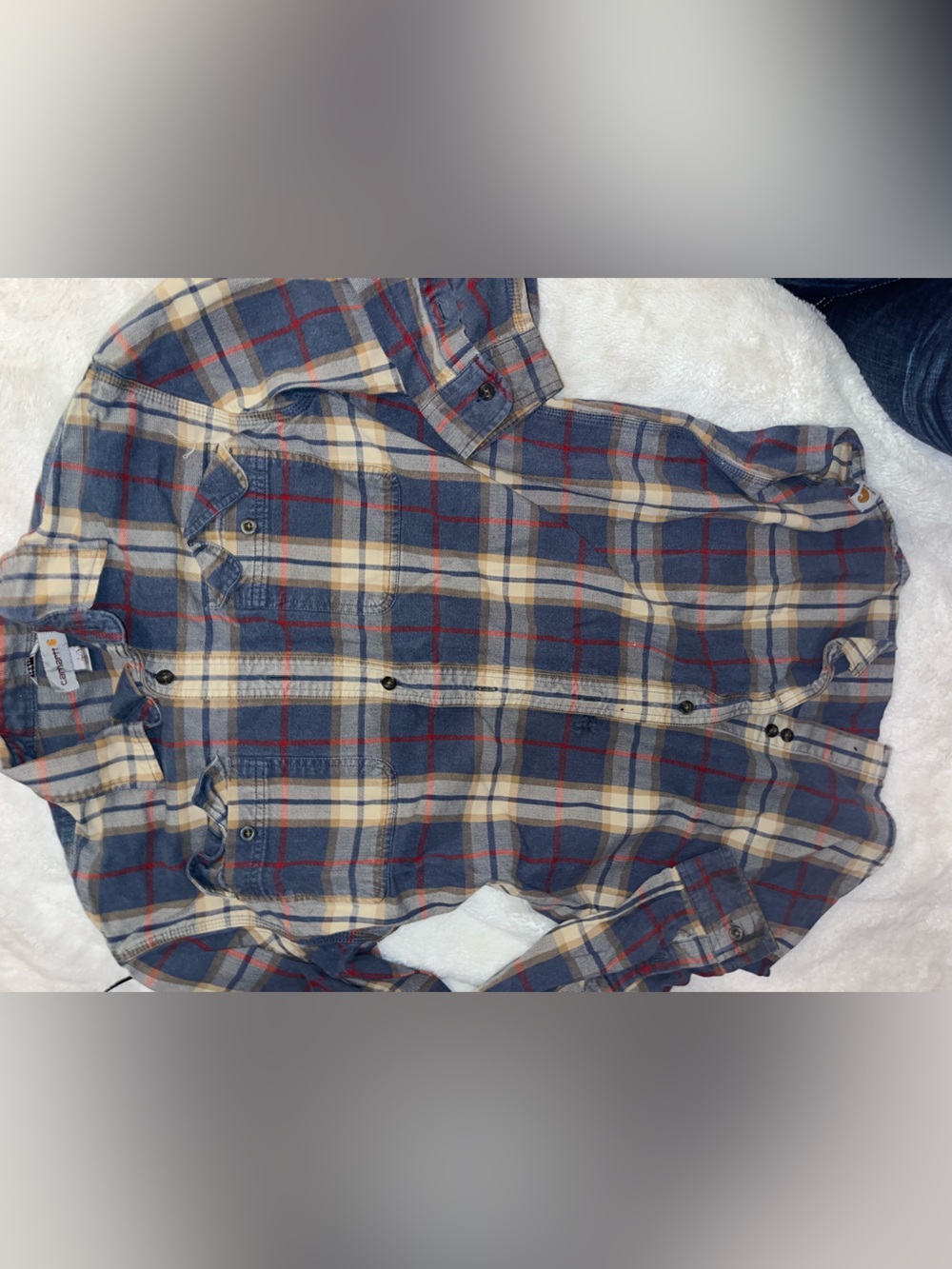 Carhartt Blue Plaid Button-Down Shirt with Beige and Red Accents